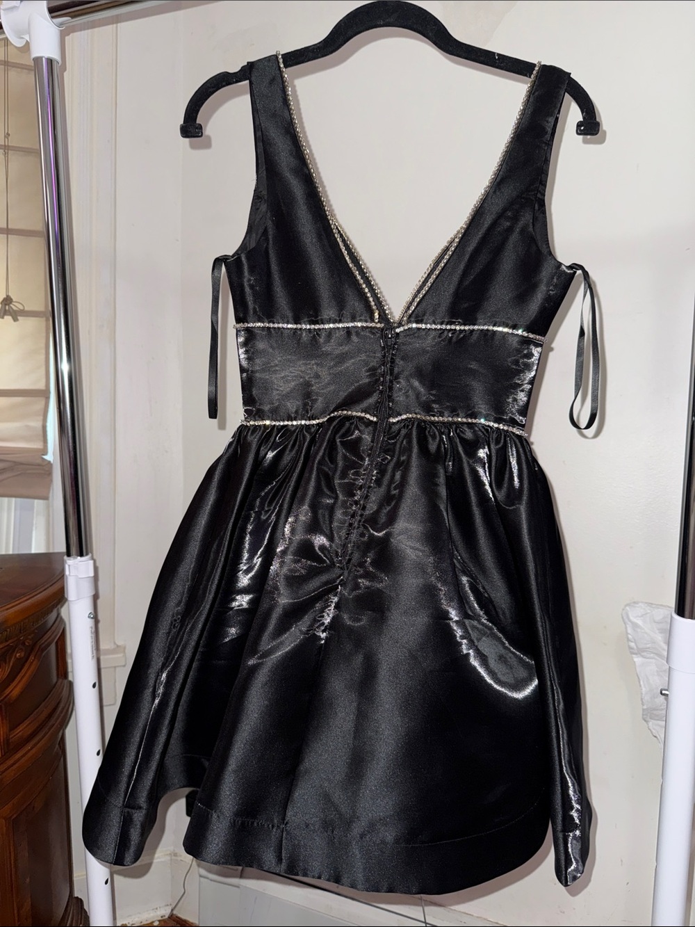 B Darlin Black Satin Mini Dress with Crystal Trim - Picture 3 of 5